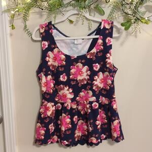 Anthropologie Floral Peplum Blouse - Navy and Pink